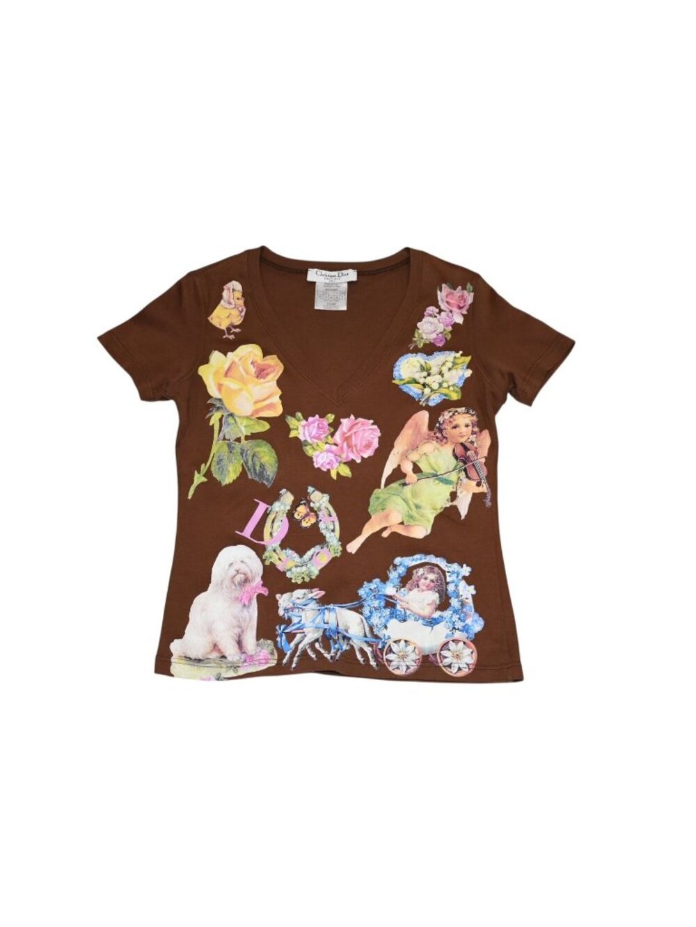 Dior V-neck Short Sleeve T-Shirt Multi Print Brown Galliano 40